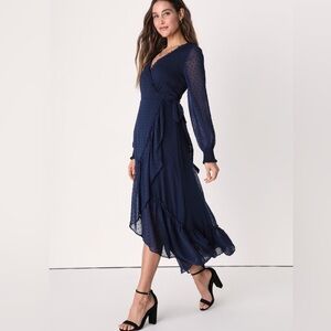 NWT LULU’S Navy Blue Swiss Dot High-Low Maxi Dress Size XS